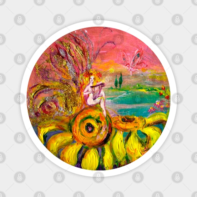 FAIRY OF THE SUNFLOWERS PLAYING LYRA Fantasy Magnet by BulganLumini